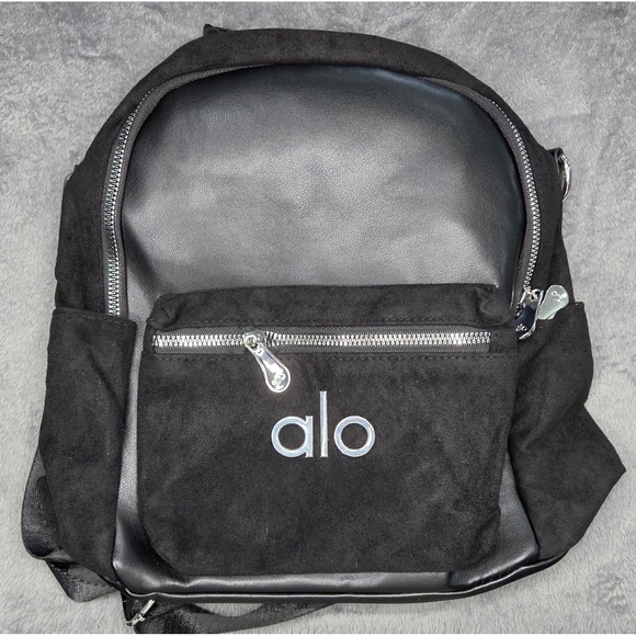 ALO Yoga Handbags - Alo Yoga Black Faux Leather Suede Mini Backpack Silver Logo Yoga Gym Bag